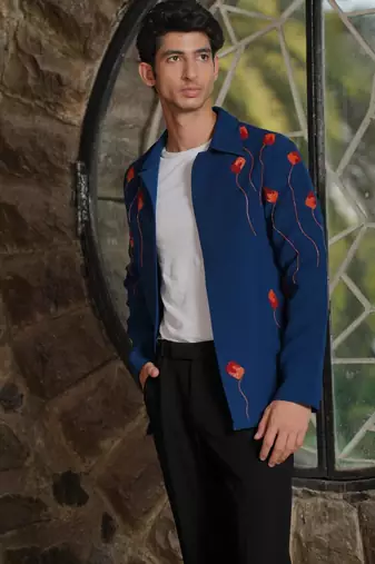 Teal blue 4-way stretch embroidered jacket