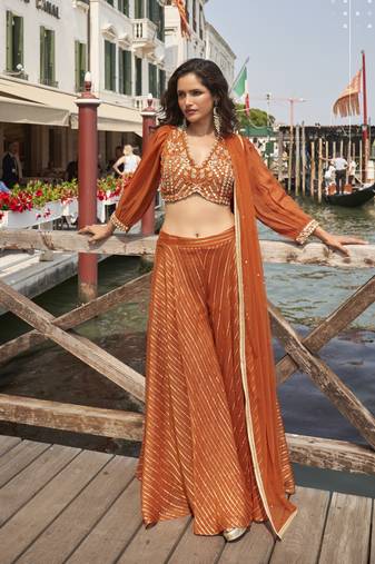 Rust viscose jacquard silk hand work palazzo set