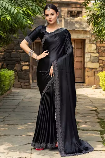Black rangoli silk blend swarovski detailing saree with unstitched blouse