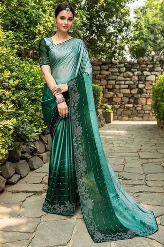 Green rangoli silk blend swarovski detailing saree with unstitched blouse