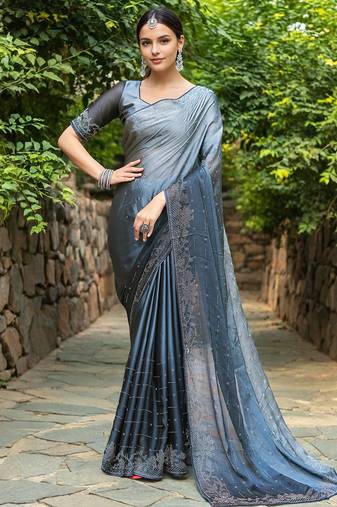 Grey rangoli silk blend swarovski detailing saree with unstitched blouse