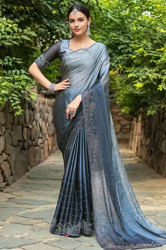 Grey rangoli silk blend swarovski detailing saree with unstitched blouse
