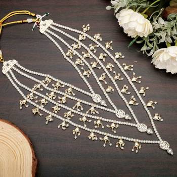 Layered pearl groom mala with gold-plated brooch     classic elegance 5
