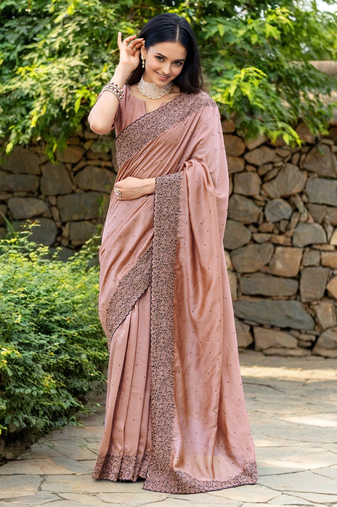 Peach rangoli silk blend swarovski detailing saree with unstitched blouse
