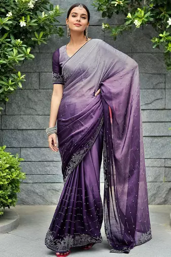 Purple rangoli silk blend swarovski detailing saree with unstitched blouse