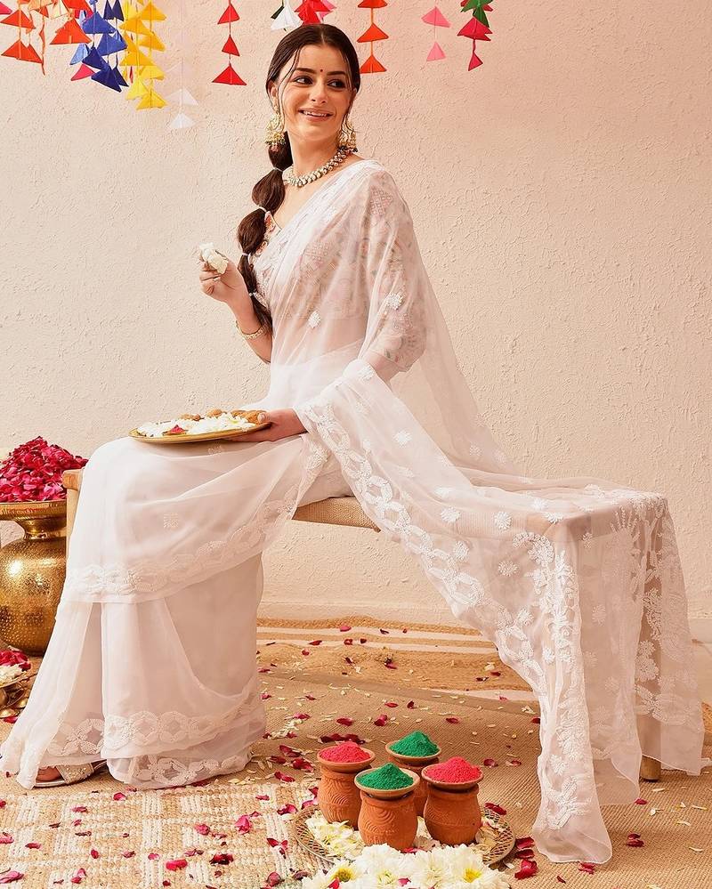 White Hand Embroidered Georgette Lucknowi Chikankari Saree With Blouse