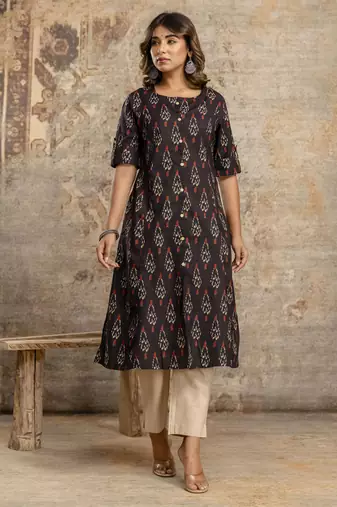 Black ikat print pure cotton kurta