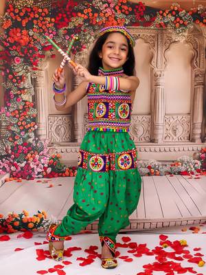 Green embroidered cotton top & dhoti with cap set for girls 1