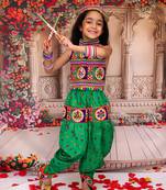 Green embroidered cotton top & dhoti with cap set for girls