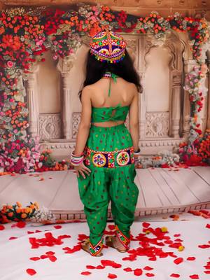 Green embroidered cotton top & dhoti with cap set for girls 2