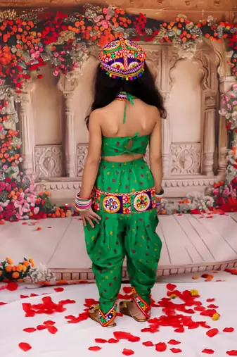 Green embroidered cotton top & dhoti with cap set for girls