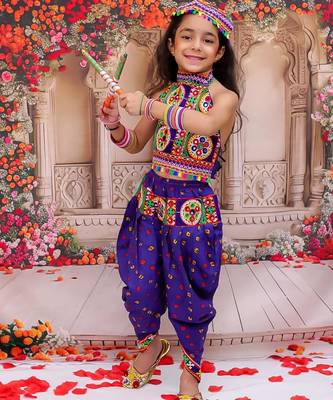 Blue embroidered cotton top & dhoti with cap set for girls 1