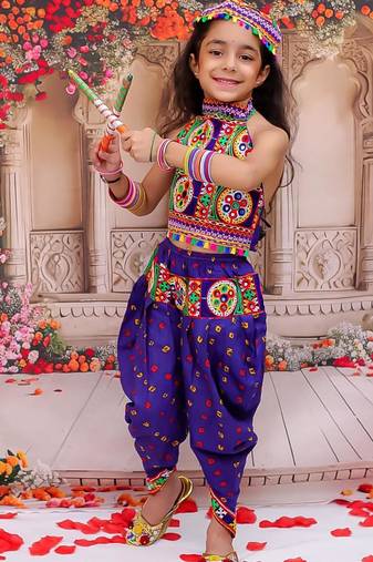 Blue embroidered cotton top & dhoti with cap set for girls