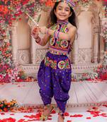 Blue embroidered cotton top & dhoti with cap set for girls