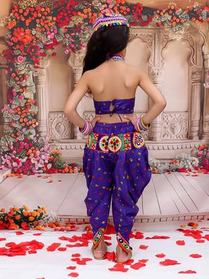 Blue embroidered cotton top & dhoti with cap set for girls 2