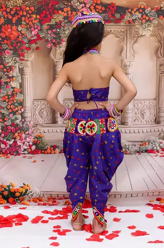 Blue embroidered cotton top & dhoti with cap set for girls