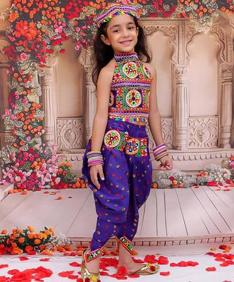Blue embroidered cotton top & dhoti with cap set for girls 3