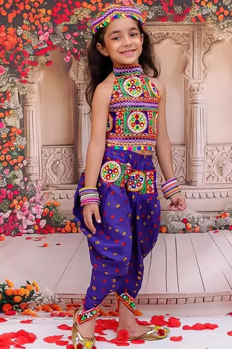 Blue embroidered cotton top & dhoti with cap set for girls