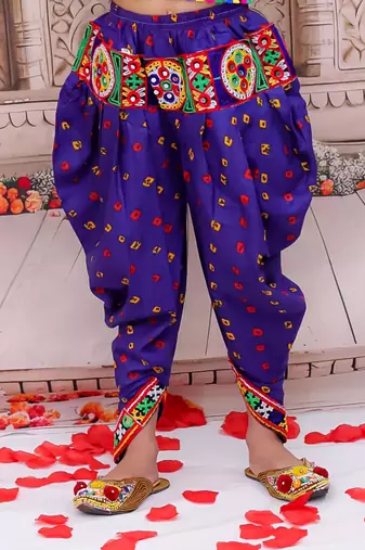 Blue embroidered cotton top & dhoti with cap set for girls