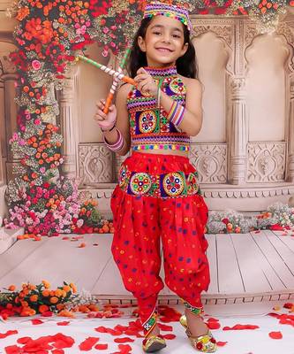 Red embroidered cotton top & dhoti with cap set for girls 1