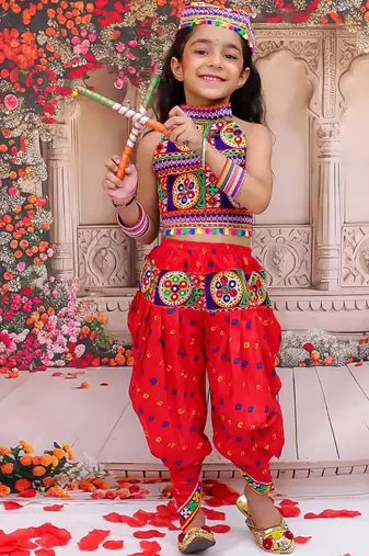 Red embroidered cotton top & dhoti with cap set for girls