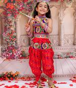 Red embroidered cotton top & dhoti with cap set for girls