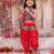 Red embroidered cotton top & dhoti with cap set for girls