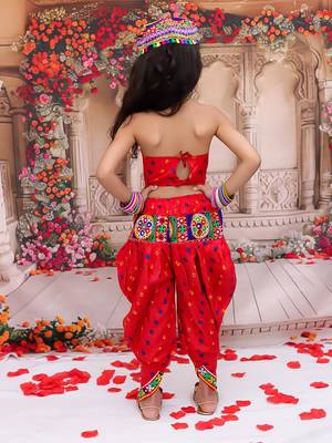 Red embroidered cotton top & dhoti with cap set for girls 2