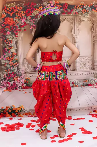 Red embroidered cotton top & dhoti with cap set for girls