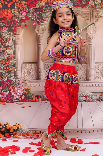 Red embroidered cotton top & dhoti with cap set for girls