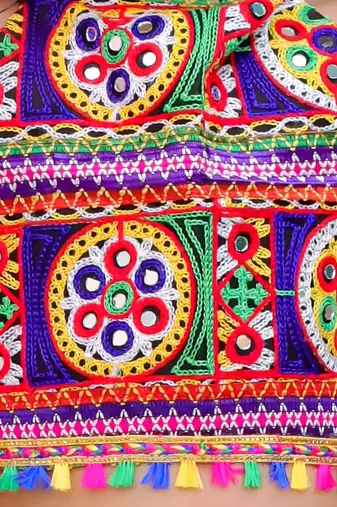 Red embroidered cotton top & dhoti with cap set for girls