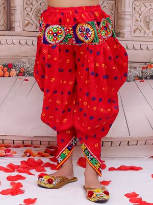 Red embroidered cotton top & dhoti with cap set for girls 5