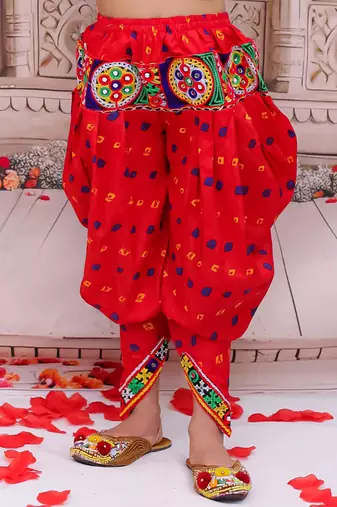 Red embroidered cotton top & dhoti with cap set for girls