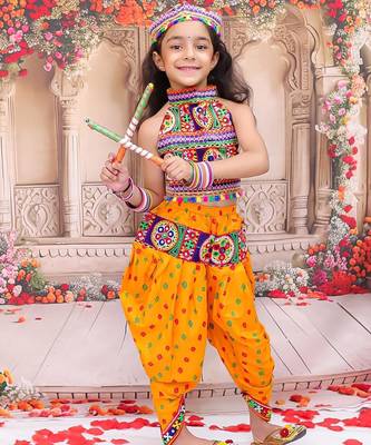 Yellow embroidered cotton top & dhoti with cap set for girls 1