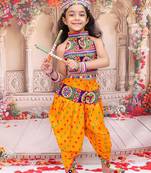 Yellow embroidered cotton top & dhoti with cap set for girls