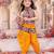 Yellow embroidered cotton top & dhoti with cap set for girls