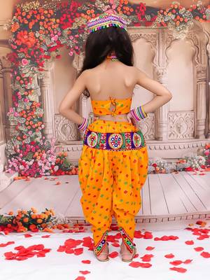 Yellow embroidered cotton top & dhoti with cap set for girls 2