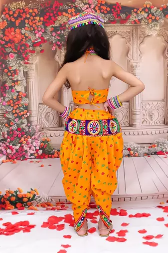 Yellow embroidered cotton top & dhoti with cap set for girls