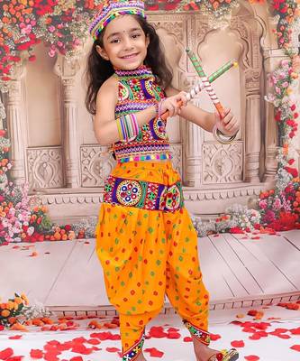 Yellow embroidered cotton top & dhoti with cap set for girls 3