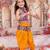 Yellow embroidered cotton top & dhoti with cap set for girls