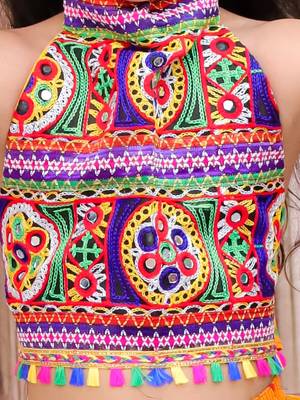 Yellow embroidered cotton top & dhoti with cap set for girls 4