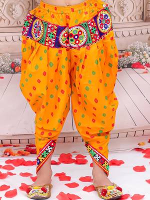 Yellow embroidered cotton top & dhoti with cap set for girls 5