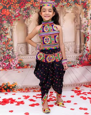 Black embroidered cotton top & dhoti with cap set for girls 1