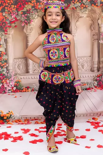 Black embroidered cotton top & dhoti with cap set for girls