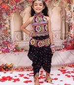 Black embroidered cotton top & dhoti with cap set for girls