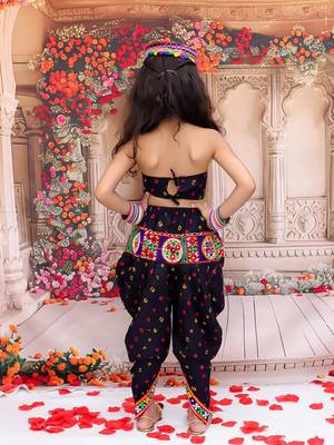 Black embroidered cotton top & dhoti with cap set for girls 2