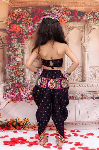 Black embroidered cotton top & dhoti with cap set for girls