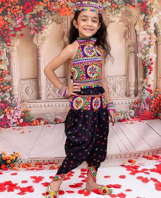 Black embroidered cotton top & dhoti with cap set for girls 3