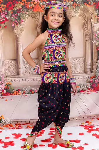 Black embroidered cotton top & dhoti with cap set for girls