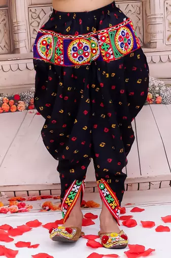 Black embroidered cotton top & dhoti with cap set for girls